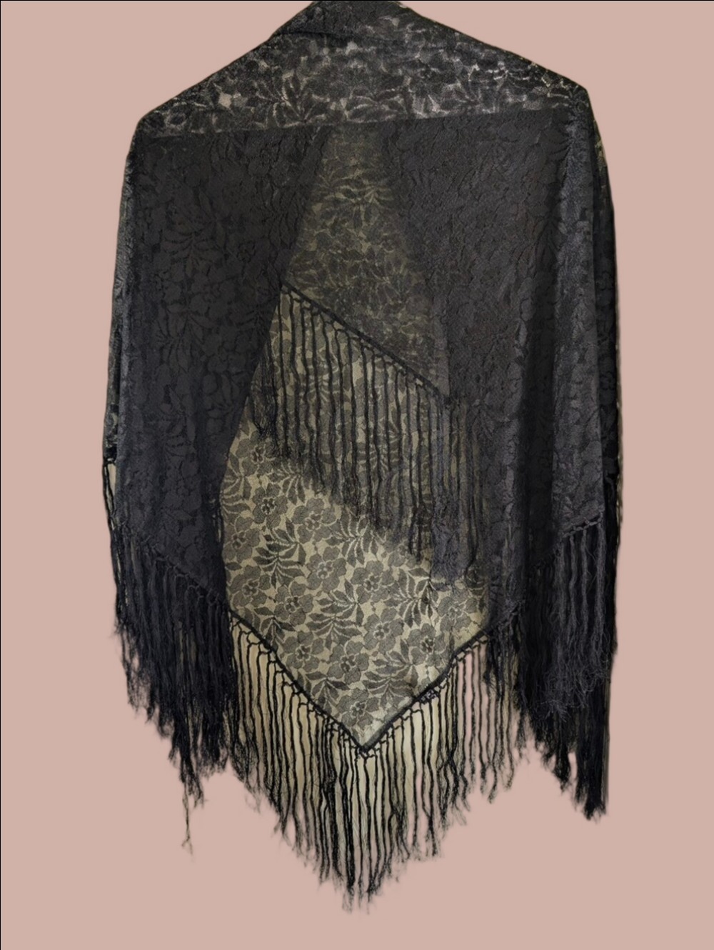 Vintage Black Lace Fringe Shawl -Bohemian Style From 1980-1990